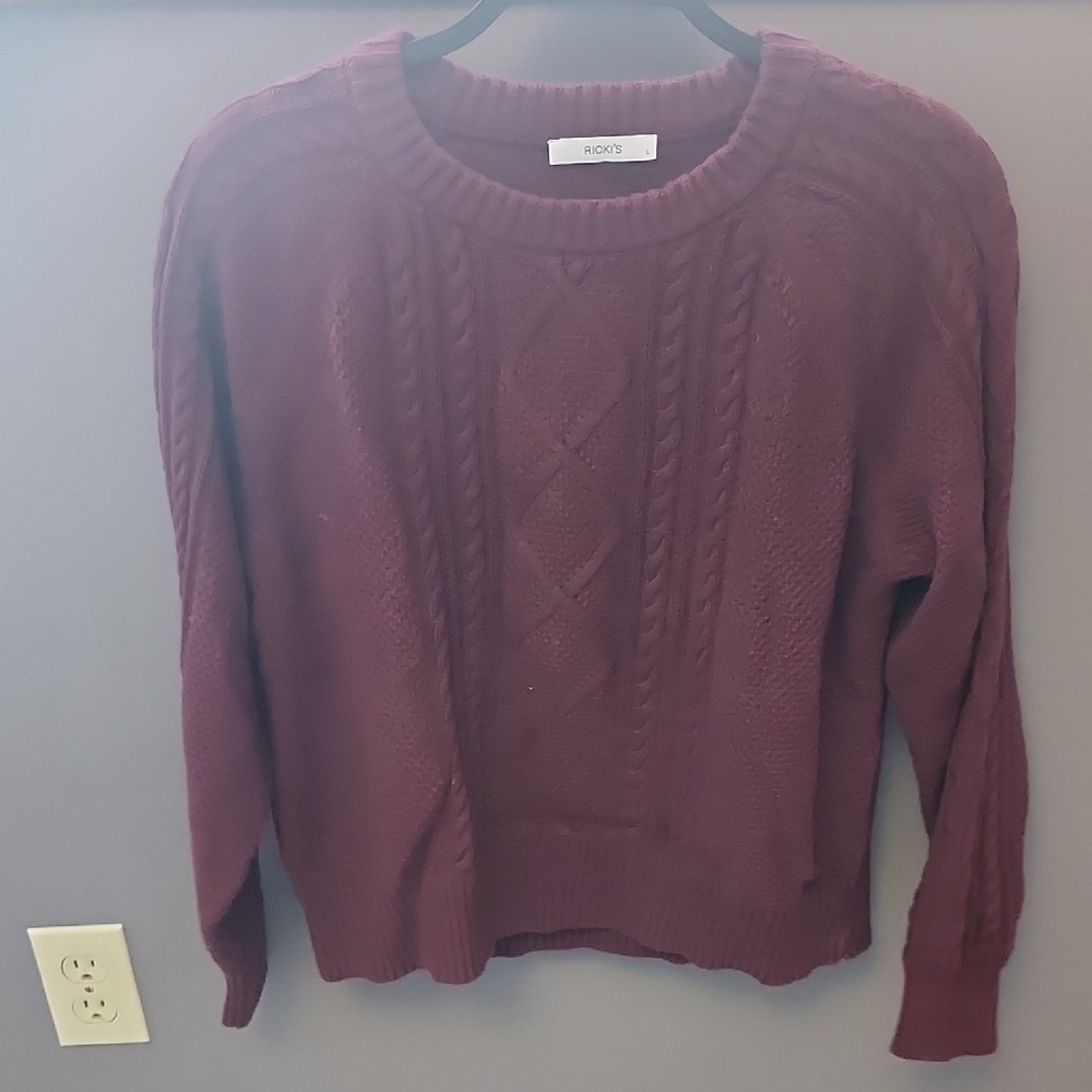 Ricki's Women's Maroon Cropped Cable Knit Sweater